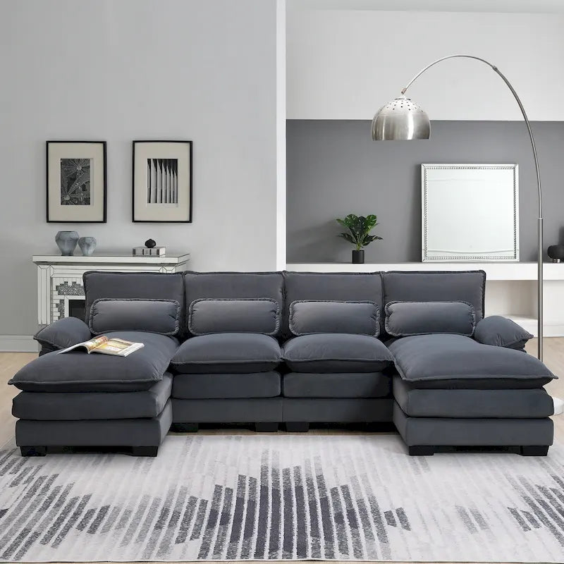Canapé sectionnel convertible en U modulaire 6 places, rembourré et moderne