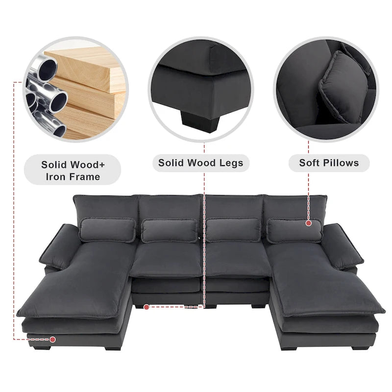 Canapé sectionnel convertible en U modulaire 6 places, rembourré et moderne