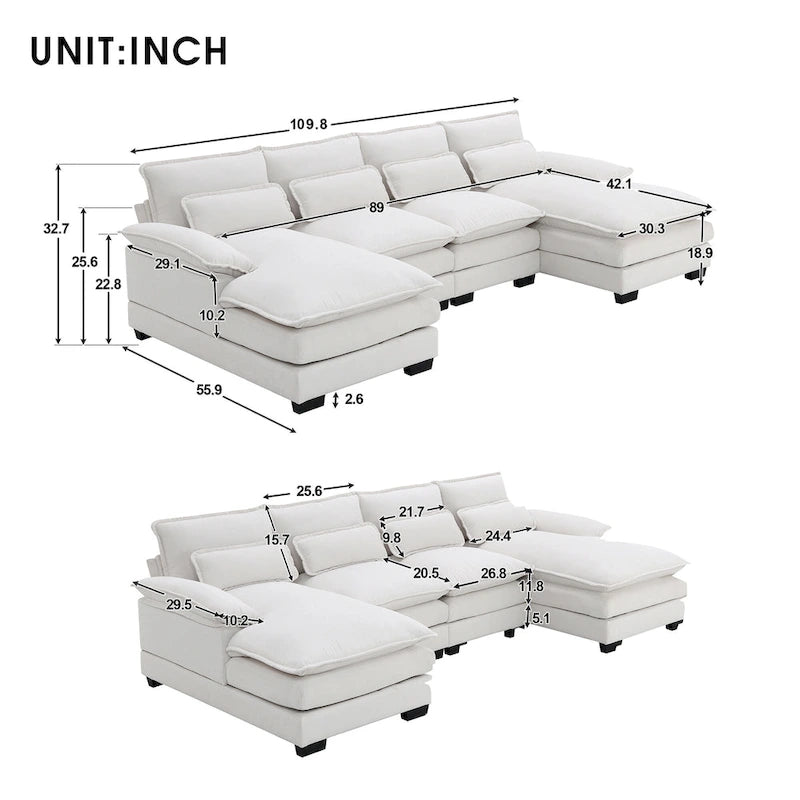 Canapé sectionnel convertible en U modulaire 6 places, rembourré et moderne
