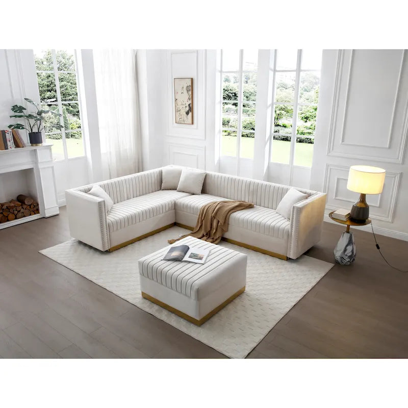 Canapé d'angle en velours capitonné beige