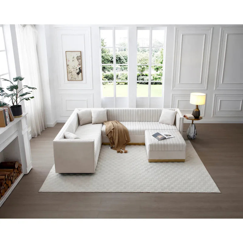 Canapé d'angle en velours capitonné beige