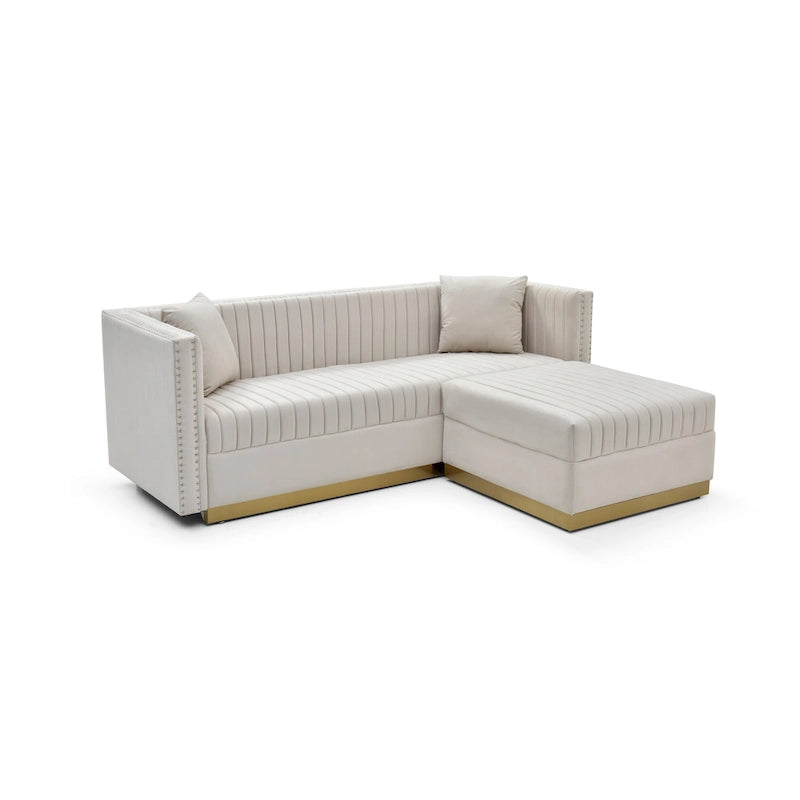 Canapé d'angle en velours capitonné beige