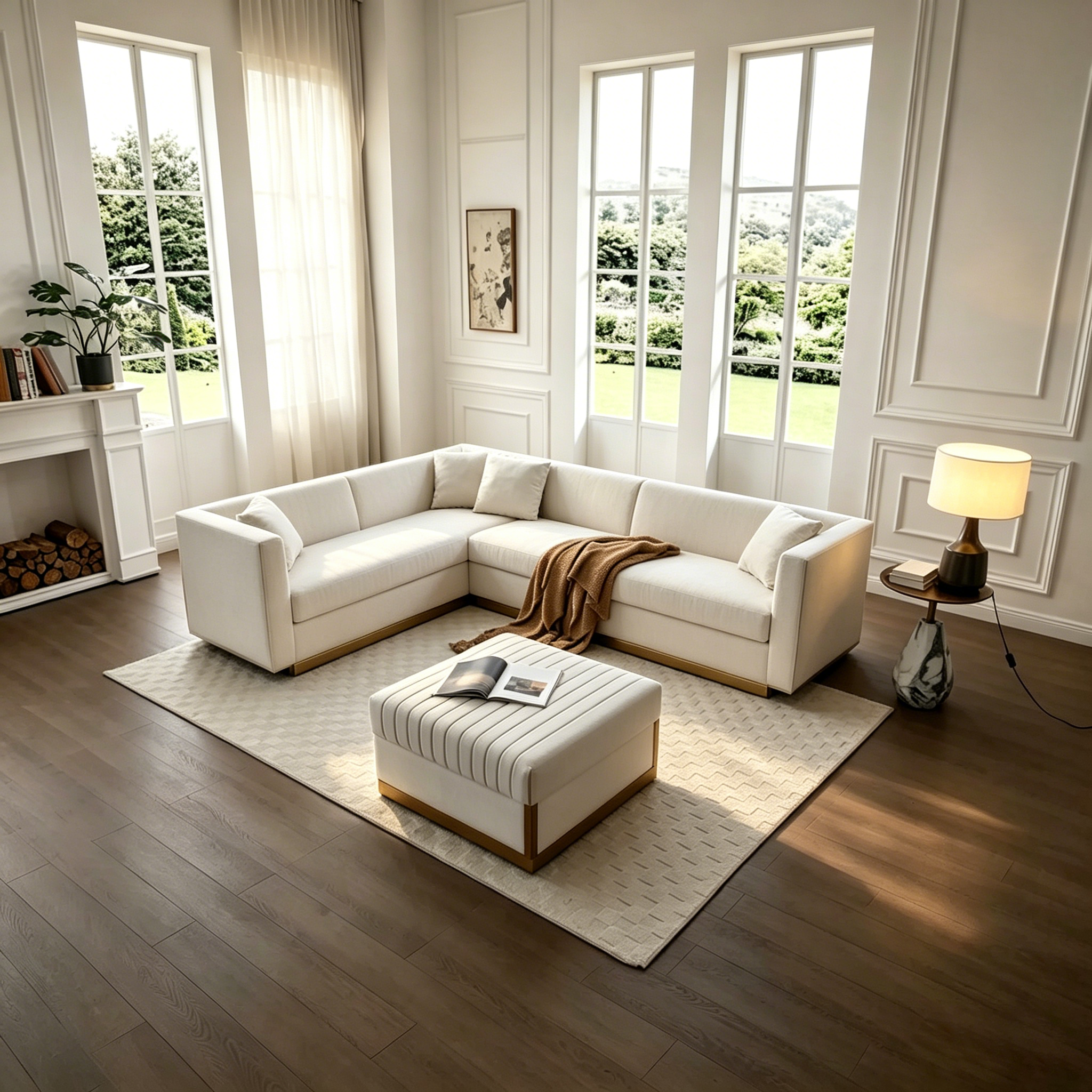 Canapé d'angle en velours capitonné beige