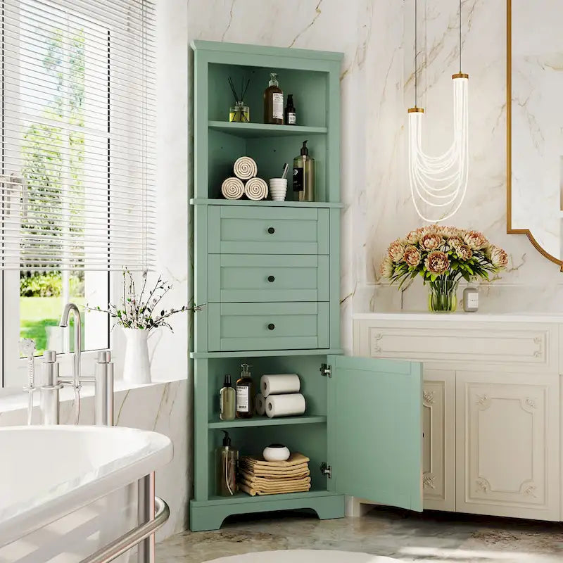 Triangle Tall Cabinet with 3 Drawers and Adjustable Shelves for Bathroom,