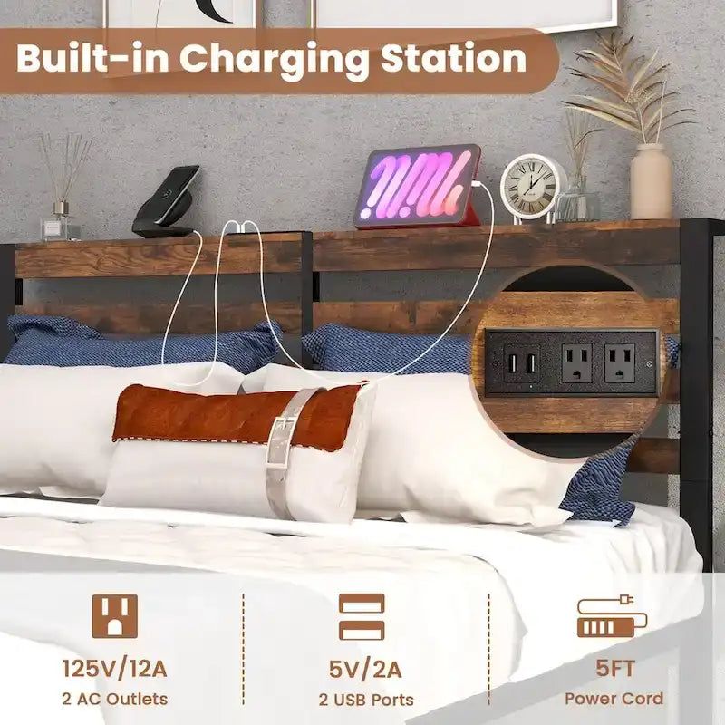 Cadre de lit plateforme en métal avec station de recharge