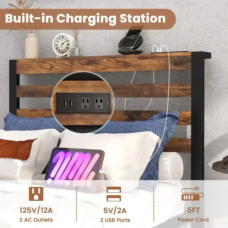 Cadre de lit plateforme en métal avec station de recharge