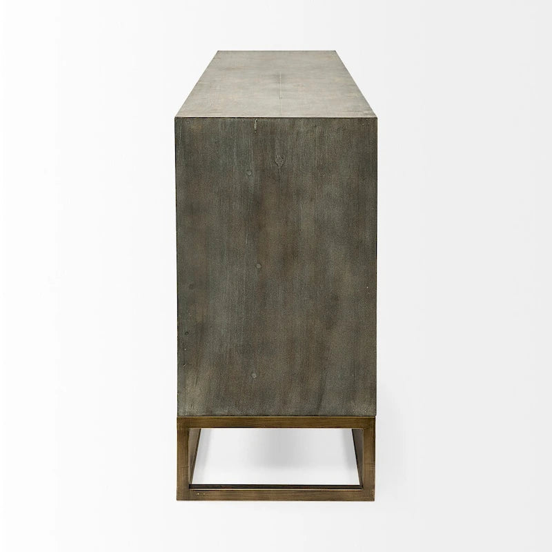 Enfilade à neuf tiroirs en placage de cèdre gris et structure en métal doré