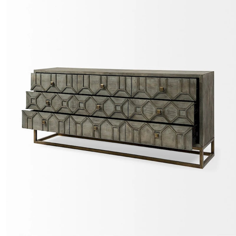 Enfilade à neuf tiroirs en placage de cèdre gris et structure en métal doré